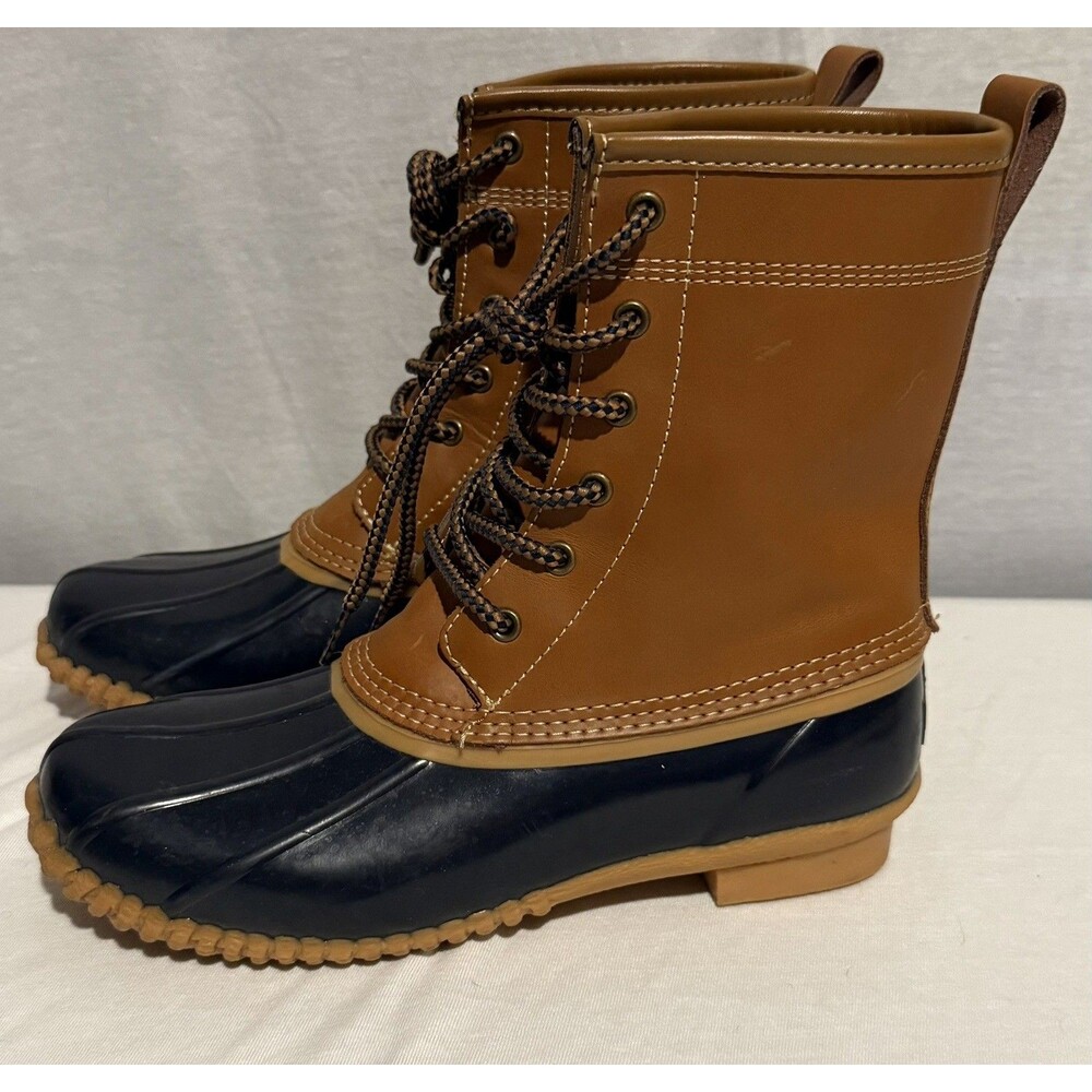 Lands End Rubber Duck Boots Waterproof Size 6 Womens Brown Navy Tan Perfect Cond